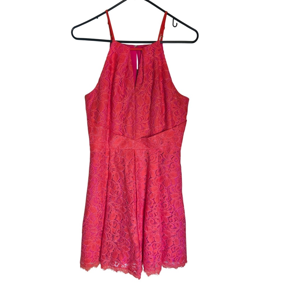 Adelyn Rae Pink Coral Floral Lace Halter Romper Size Medium Keyhole Back Party
